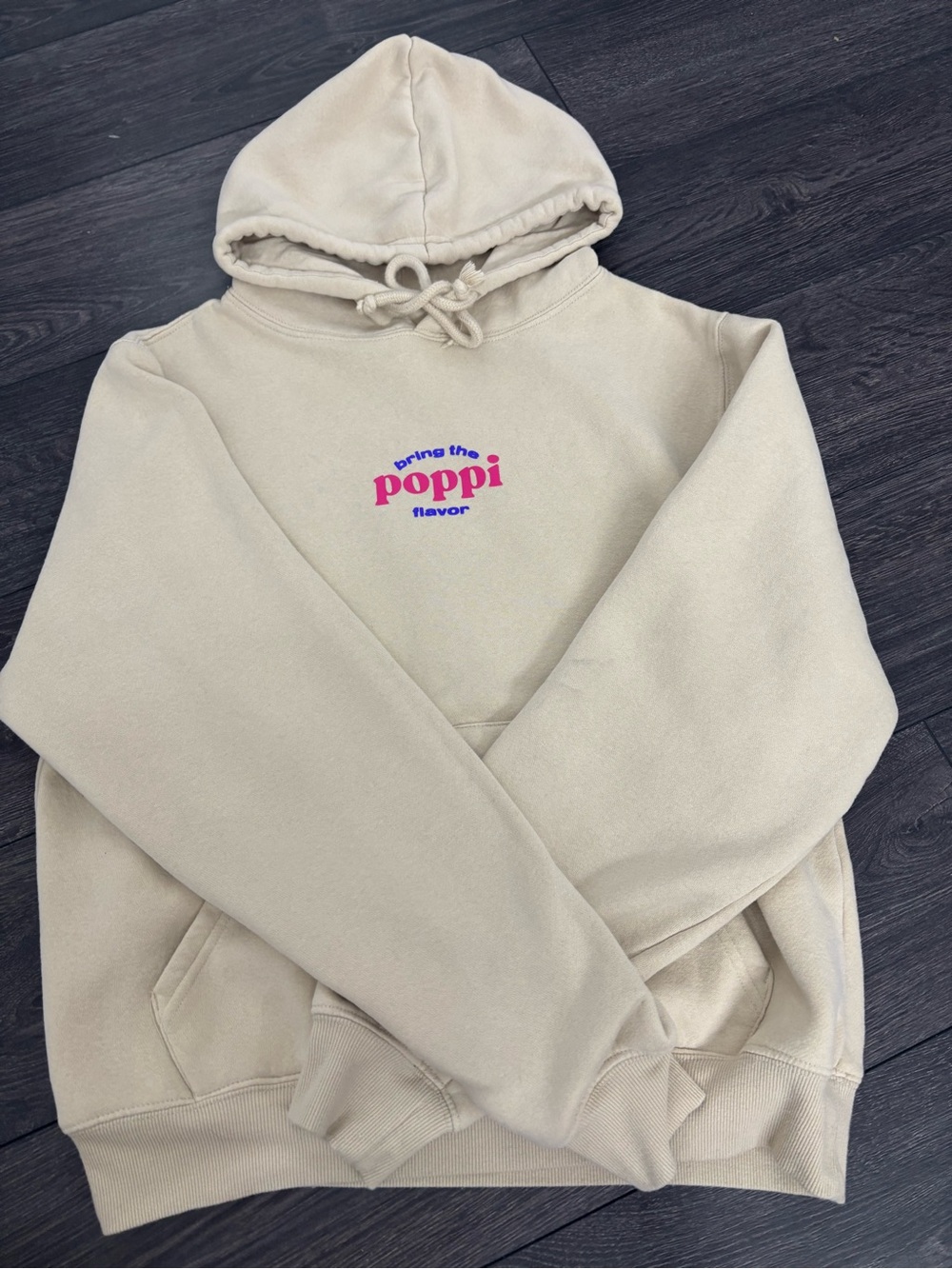 Wanna Get Juicy Graphic Hoodie - Cream with Blue & Pink Logo